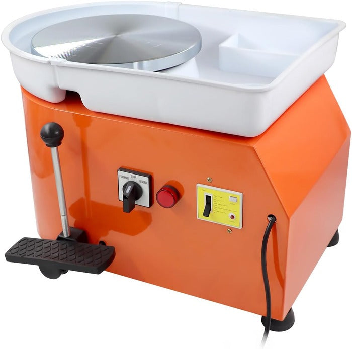 Orange electric pottery wheel with foot pedal and detachable basin.