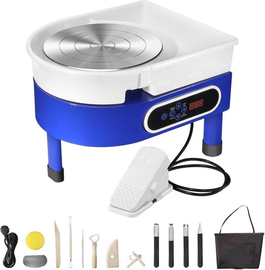 Blue electric pottery wheel with foot pedal, LCD controls, and included tool kit.