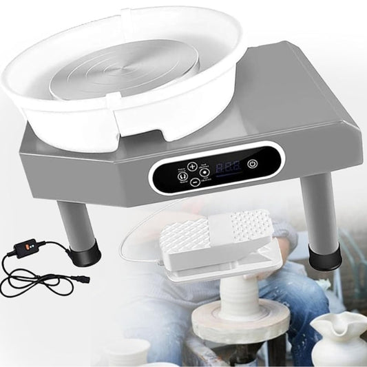 Grey electric pottery wheel with foot pedal, LCD controls, and detachable basin.