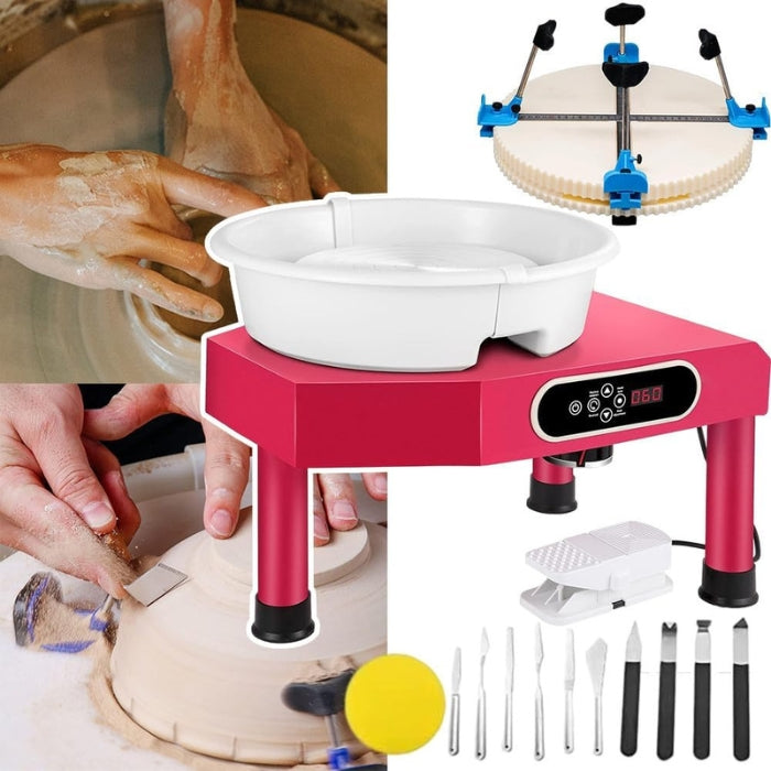 ed electric pottery wheel with LCD controls, foot pedal, and clay sculpting tools.