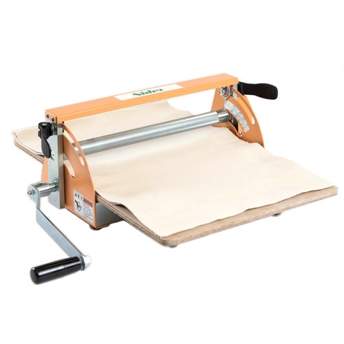 Nidec SHIMPO Mini Portable Table Slab Roller with two-roller system, hand-lever control, and compact design, ideal for creating consistent clay slabs in studios or classrooms.