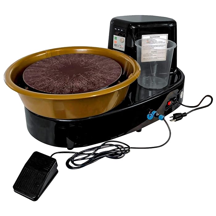 Black and brown professional pottery wheel by U.S. Art Supply with a foot pedal, LCD controls, and included accessories, ideal for pottery creation